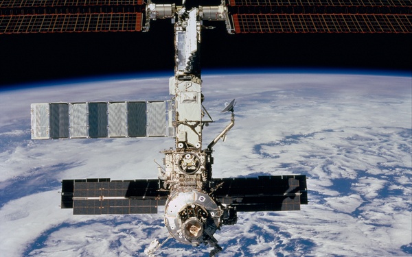 Forward view of the ISS taken during the final flyaround of the STS-100 mission