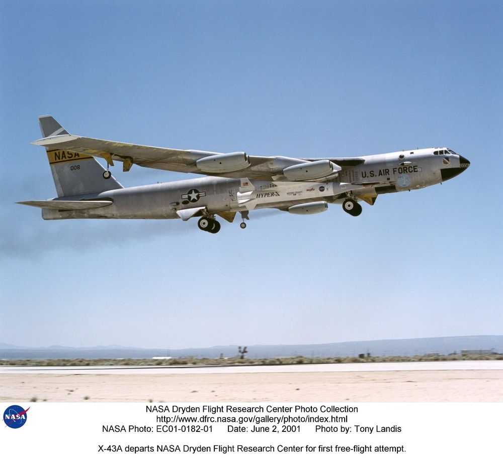 X-43A departs NASA Dryden Flight Research Center for first free-flight attempt.