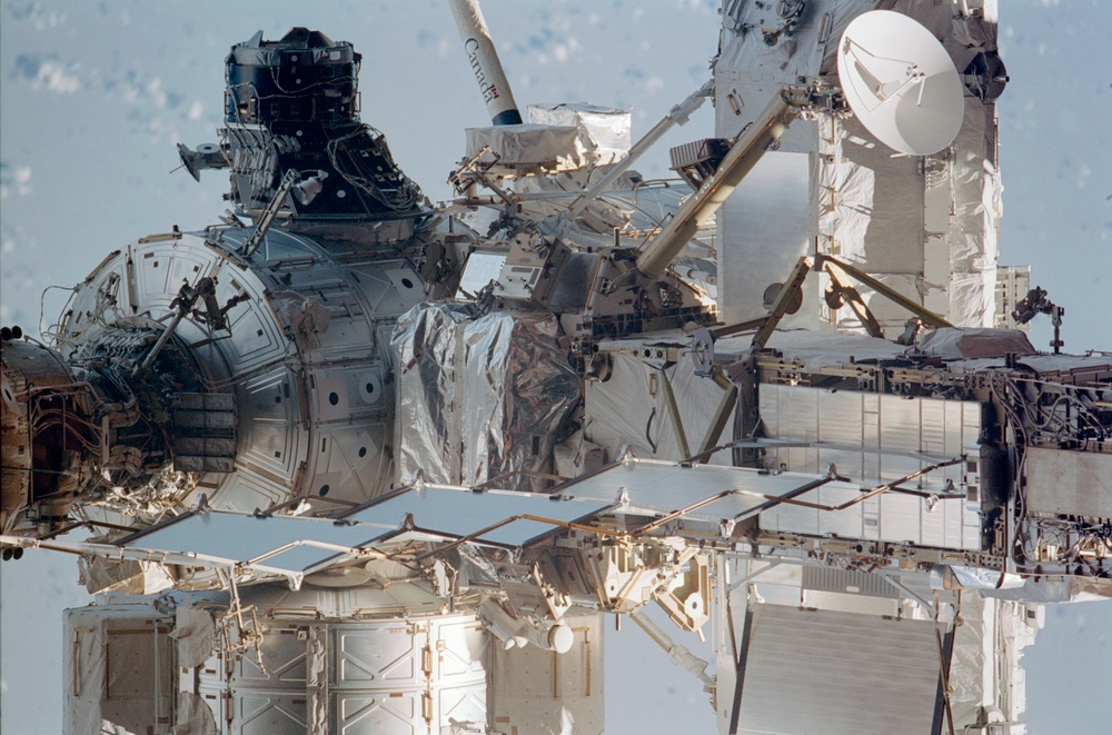 View of the zenith side of the P6 Truss, Node 1 and Airlock taken during STS-110