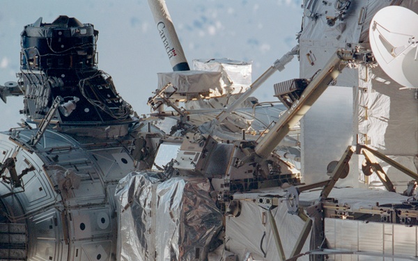 View of the zenith side of the P6 Truss, Node 1 and Airlock taken during STS-110