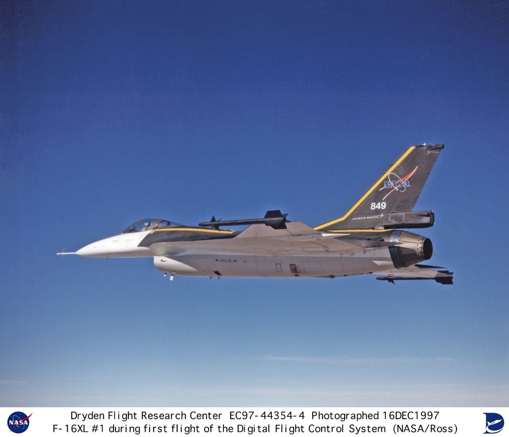 F-16XL ship #1 (#849) during first flight of the Digital Flight Control System (DFCS)