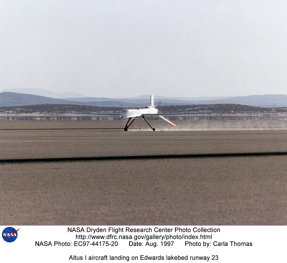 Altus I aircraft landing on Edwards lakebed runway 23