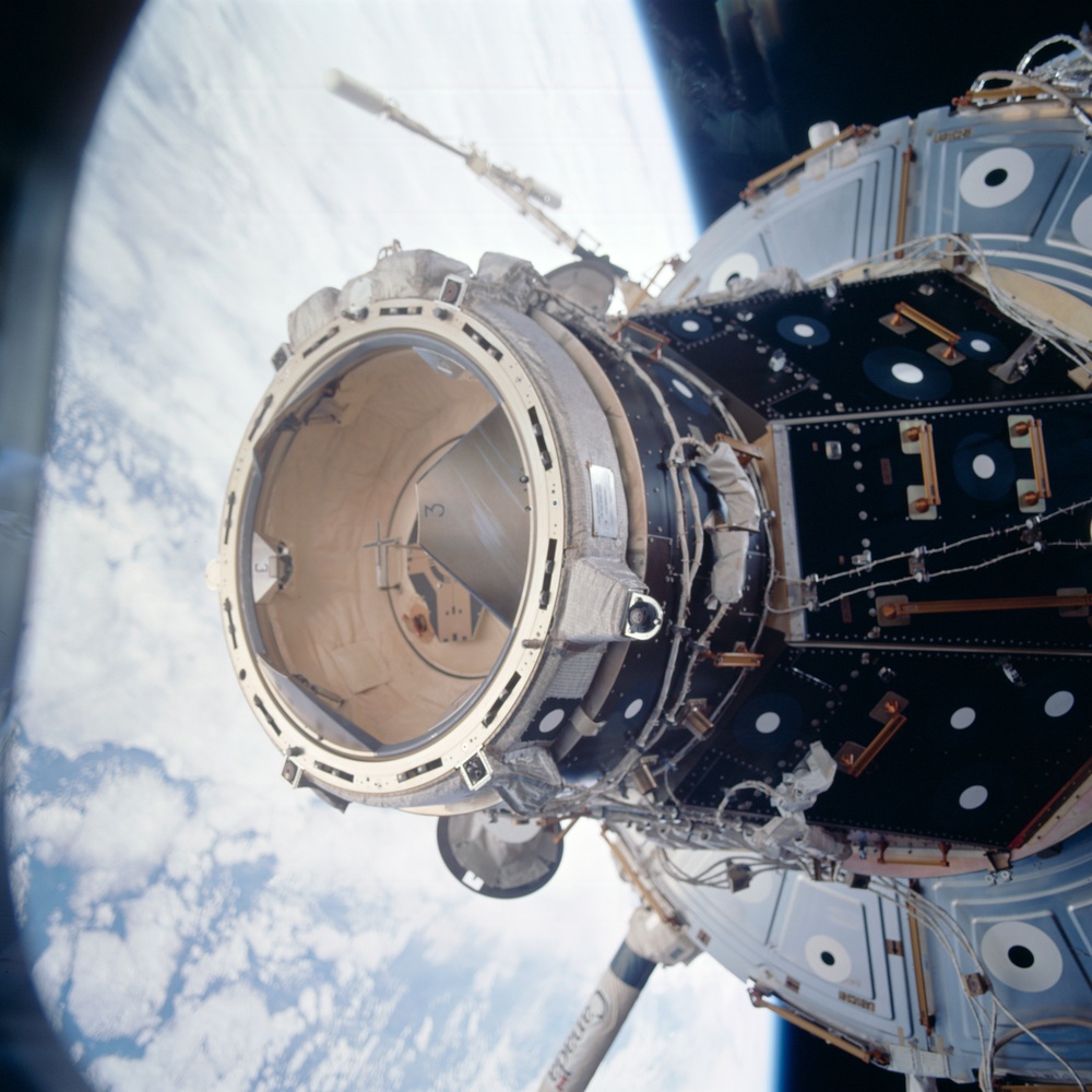 View of Pressurized Mating Adapter 2 (PMA2) taken during STS-110's flyaround