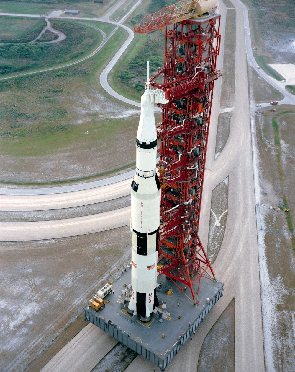 View of Apollo 15 space vehicle on way from VAB to Pad A, Launch Complex 39