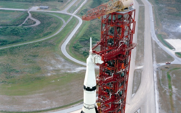 View of Apollo 15 space vehicle on way from VAB to Pad A, Launch Complex 39