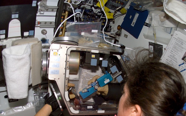 Clark works with the Biopack glovebox on the MDK during STS-107