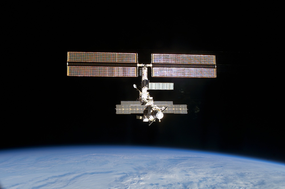 The aft side of the ISS taken during the STS-108 undocking and flyaround