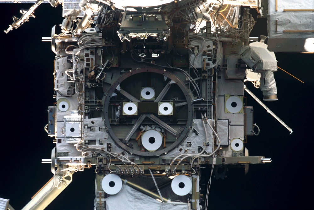 View of the forward side of the Z1 Truss taken during STS-110