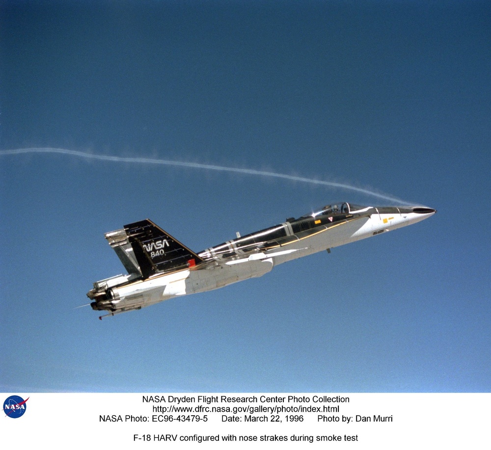 F-18 HARV smoke flow visualization of actuated nose strakes