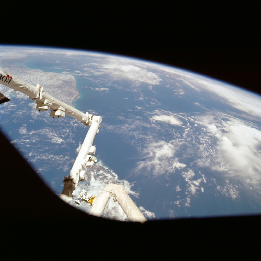 View of the SSRMS and Endeavour's RMS against the Earth taken during the STS-100 mission