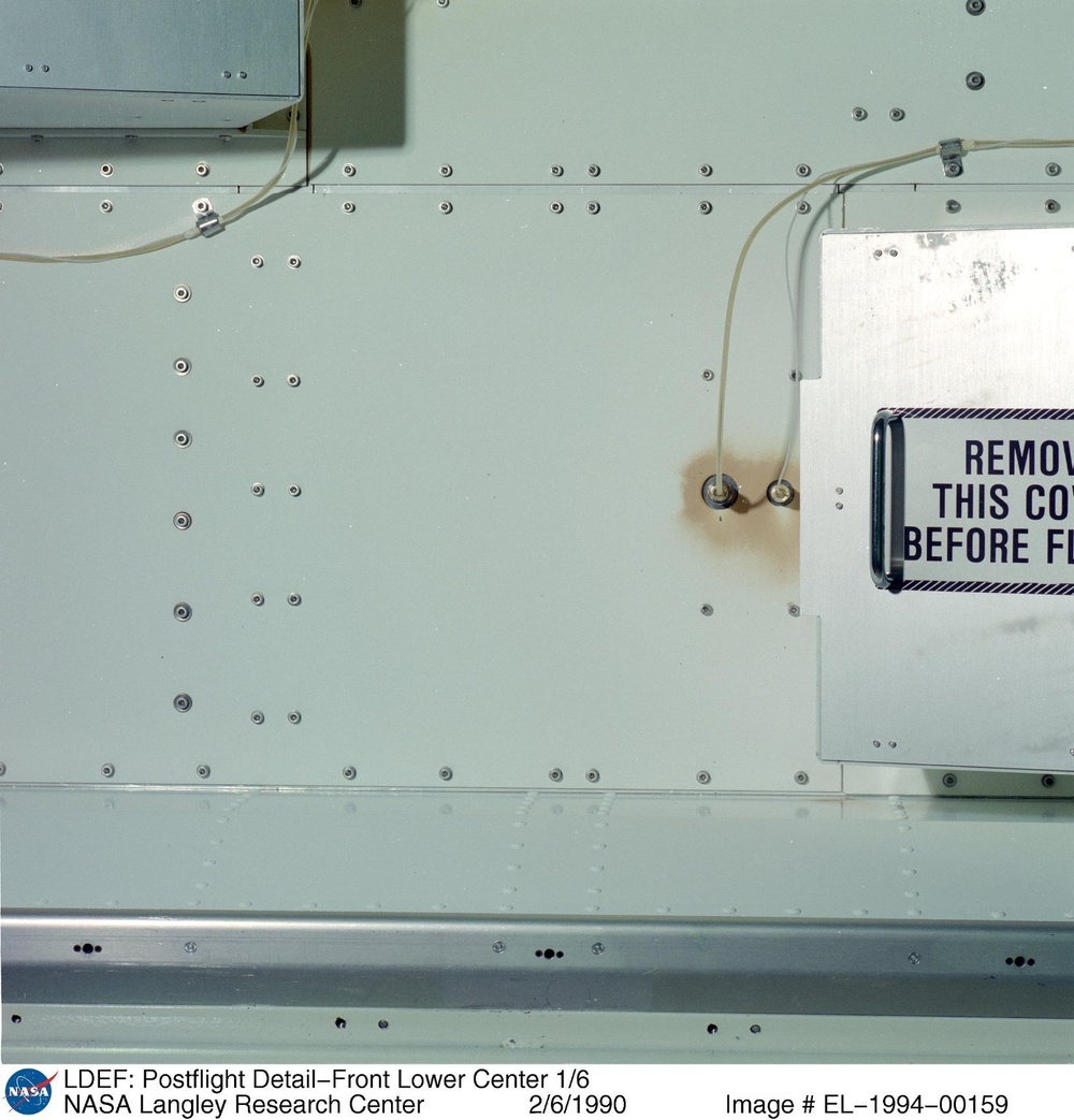LDEF: Postflight Detail-Front Lower Center 1/6