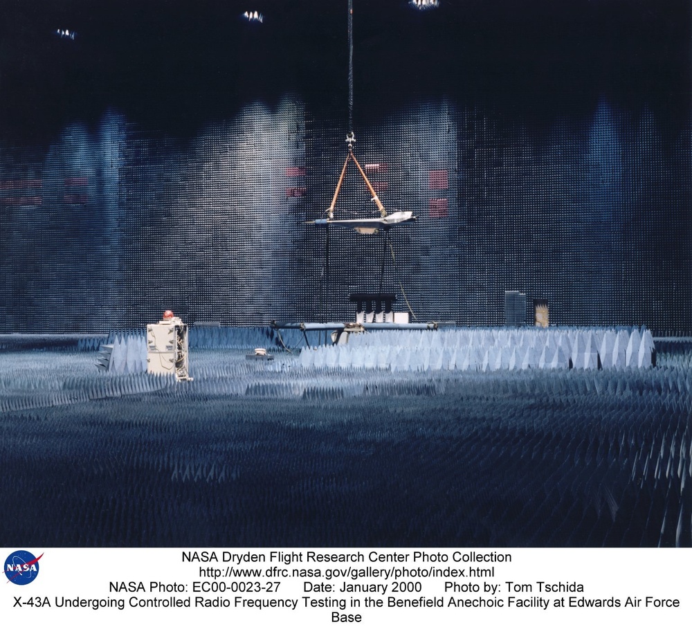 X-43A Undergoing Controlled Radio Frequency Testing in the Benefield Anechoic Facility at Edwards Ai