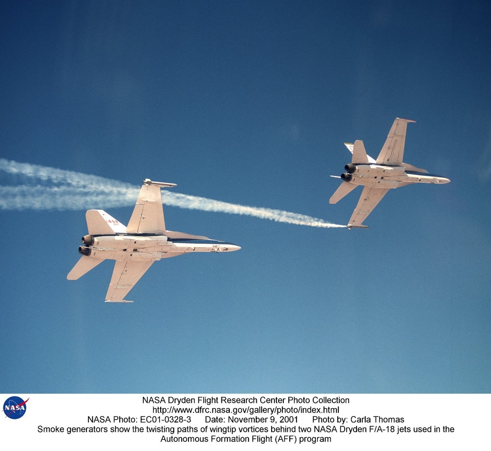 Smoke generators show the twisting paths of wingtip vortices behind two NASA Dryden F/A-18 jets used