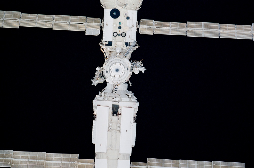 View of the nadir side of the Service Module, FGB and Pirs taken during STS-110
