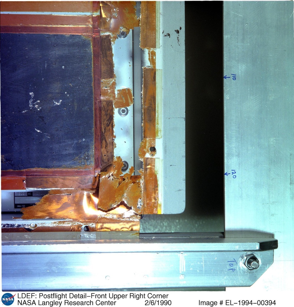 LDEF: Postflight Detail-Front Upper Right Corner