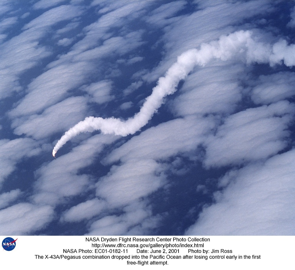 The X-43A/Pegasus combination dropped into the Pacific Ocean after losing control early in the first