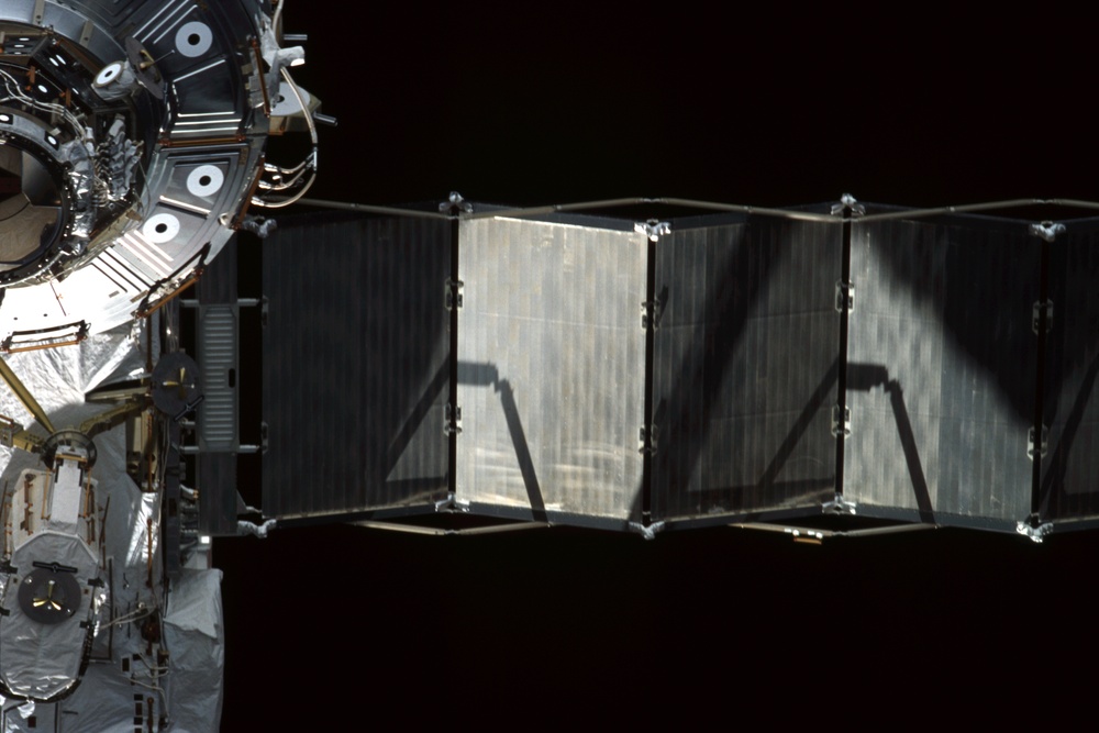 View of the U.S. Lab, EAS and EETCS Radiator for the P6 Truss taken during STS-110