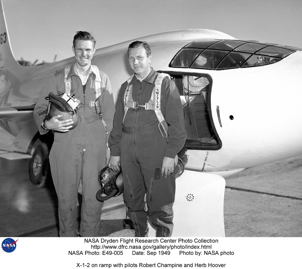 X-1-2 on ramp with pilots Robert Champine and Herb Hoover