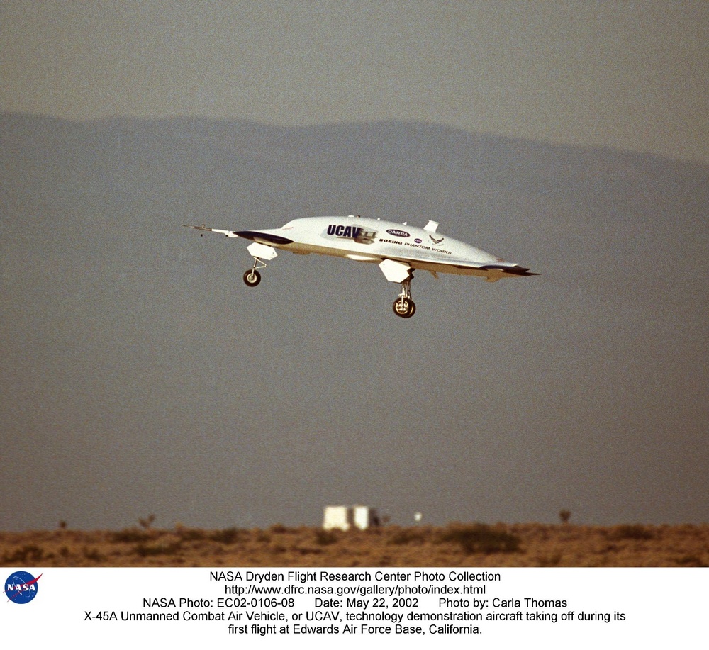 X-45A Unmanned Combat Air Vehicle, or UCAV, technology demonstration aircraft taking off during its