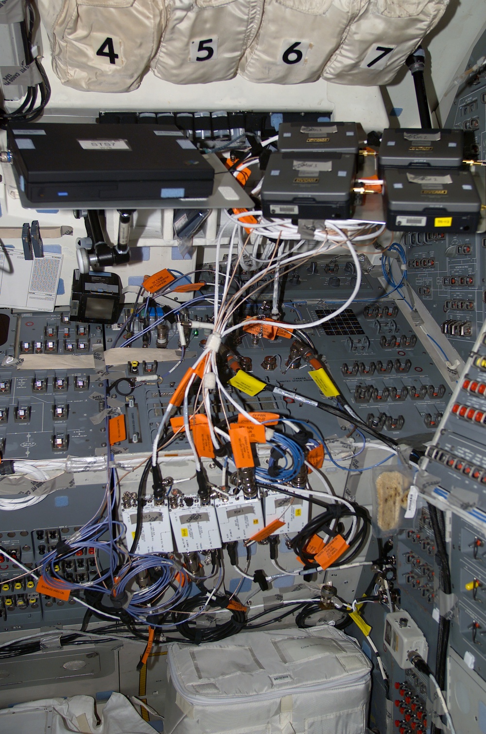 AFD Flight Station, controls, connectors and cables taken during STS-113