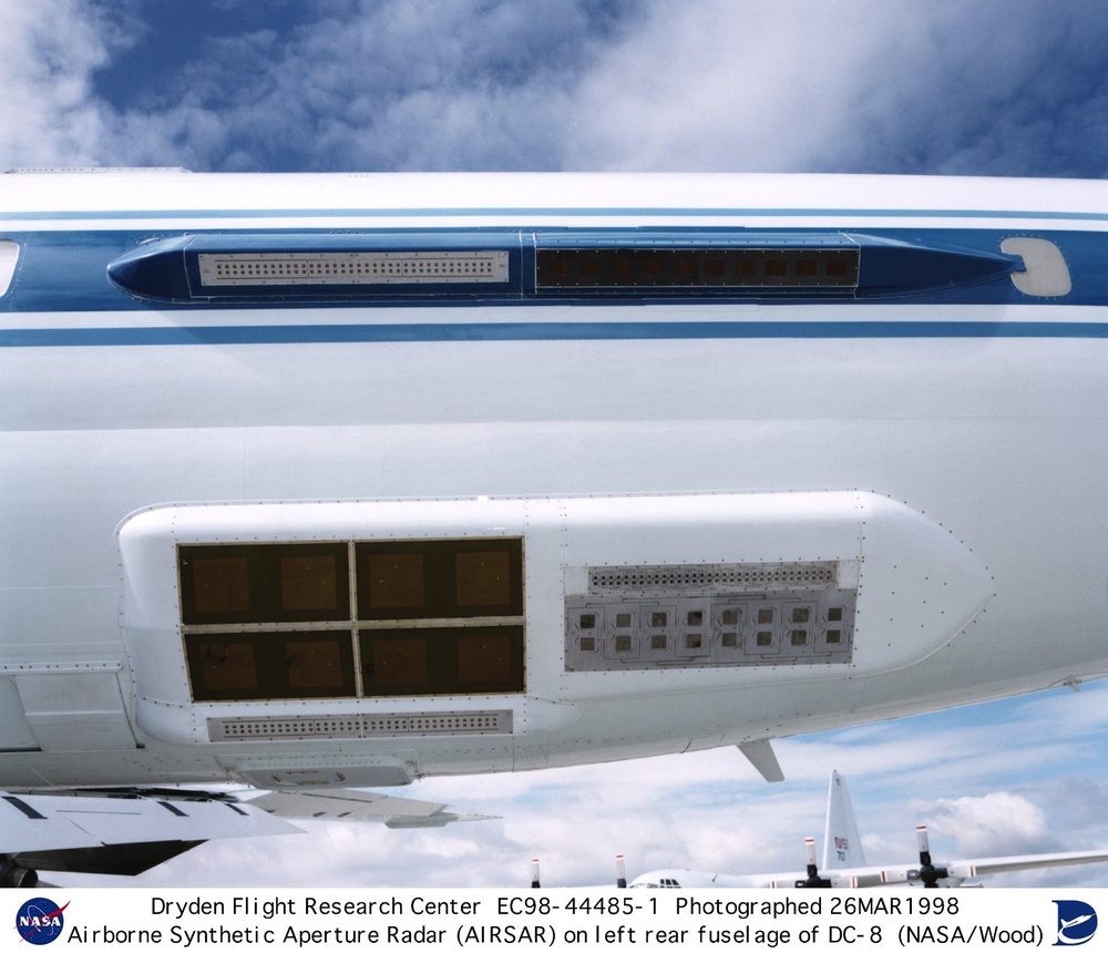 Airborne Synthetic Aperature Radar (AIRSAR) on left rear fuselage of DC-8 Airborne Laboratory