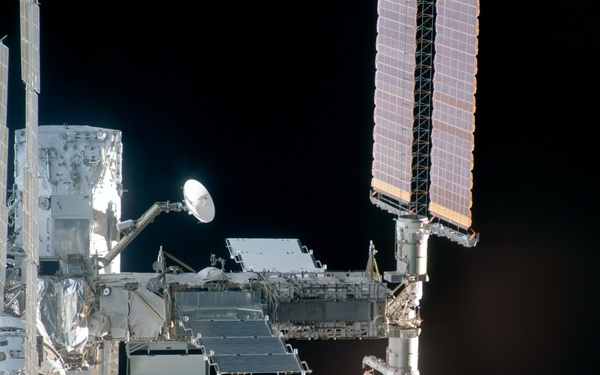 View of the aft - nadir side of the ISS taken during STS-110's flyaround