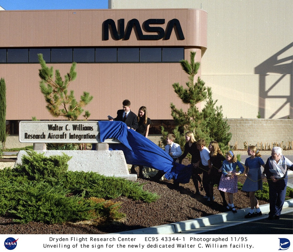 Unveiling of sign for Walter C. Williams Research Aircraft Integration Facility