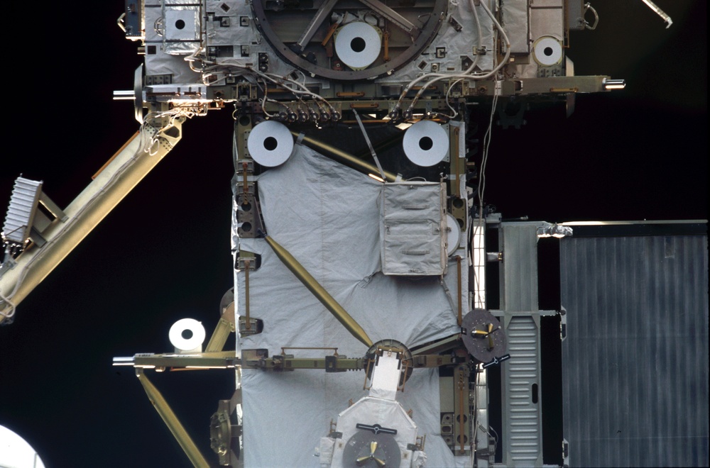 View of the forward side of the Z1 and P6 Trusses taken during STS-110