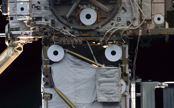 View of the forward side of the Z1 and P6 Trusses taken during STS-110