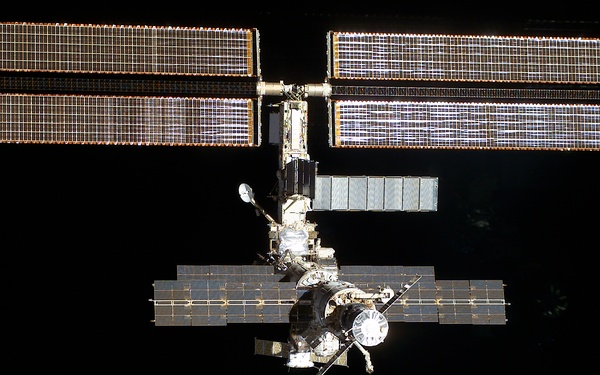 The aft side of the ISS taken during the STS-108 undocking and flyaround