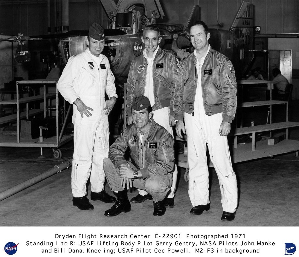 Lifting body pilots - Jerry Gentry, John Manke, Bill Dana, Cecil Powell with M2-F3 in background