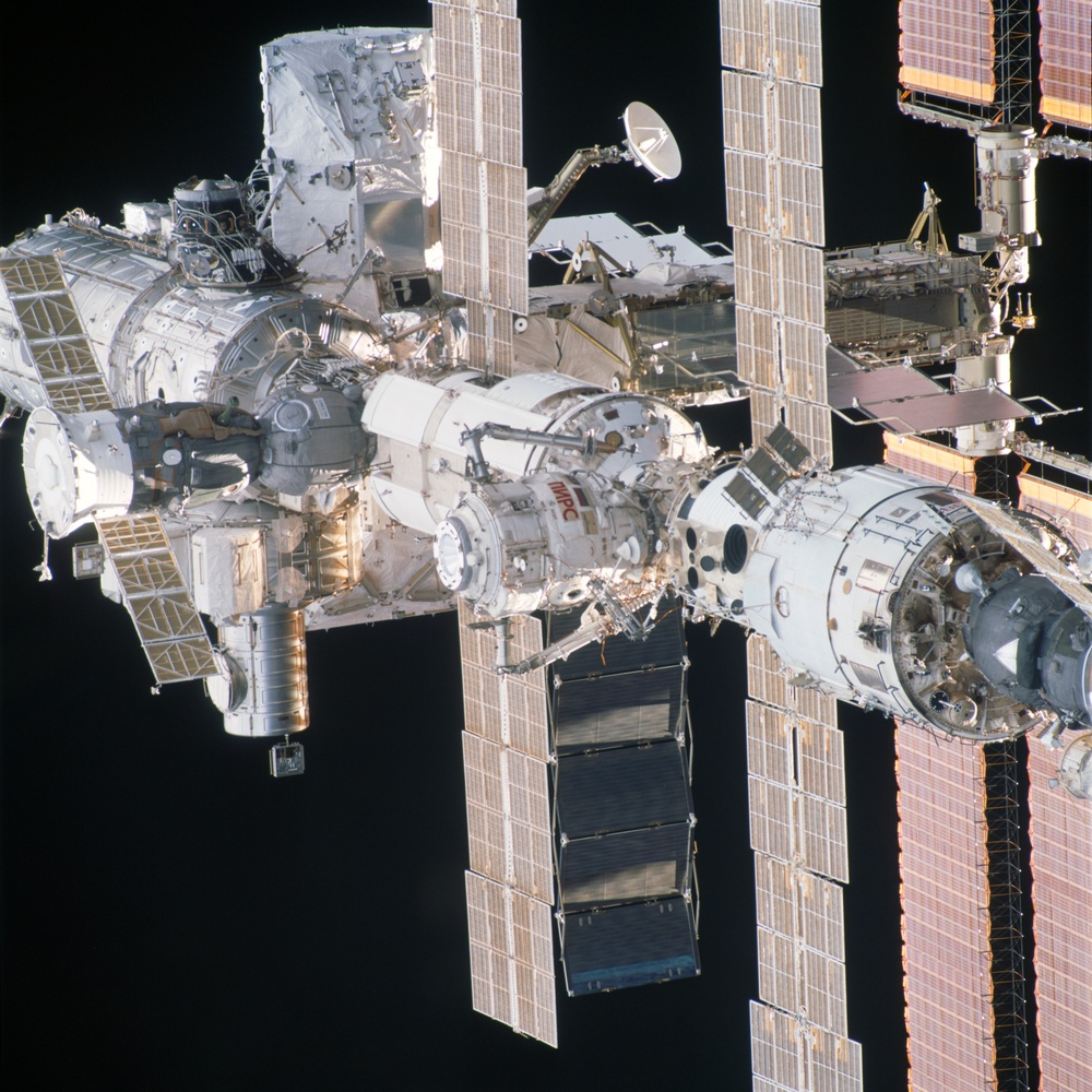 View of the aft - nadir side of the ISS taken during STS-110's flyaround