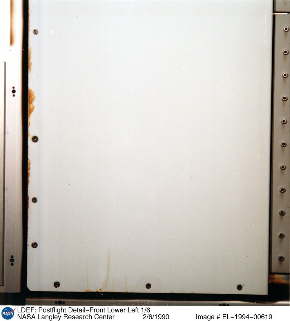 LDEF: Postflight Detail-Front Lower Left 1/6