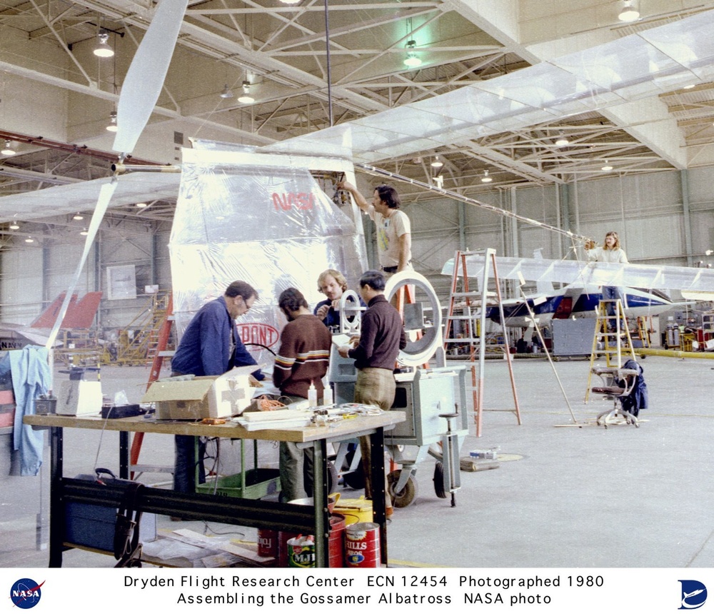 Assembling the Gossamer Albatross II in hangar