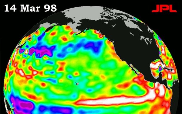 TOPEX/El Nio Watch - Satellite shows El Nio-related Sea Surface Height, Mar, 14, 1998