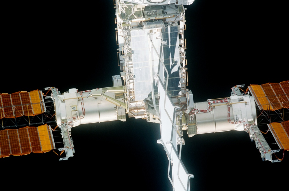 View of the P6 Truss Solar Array Wings (SAW) taken during STS-108