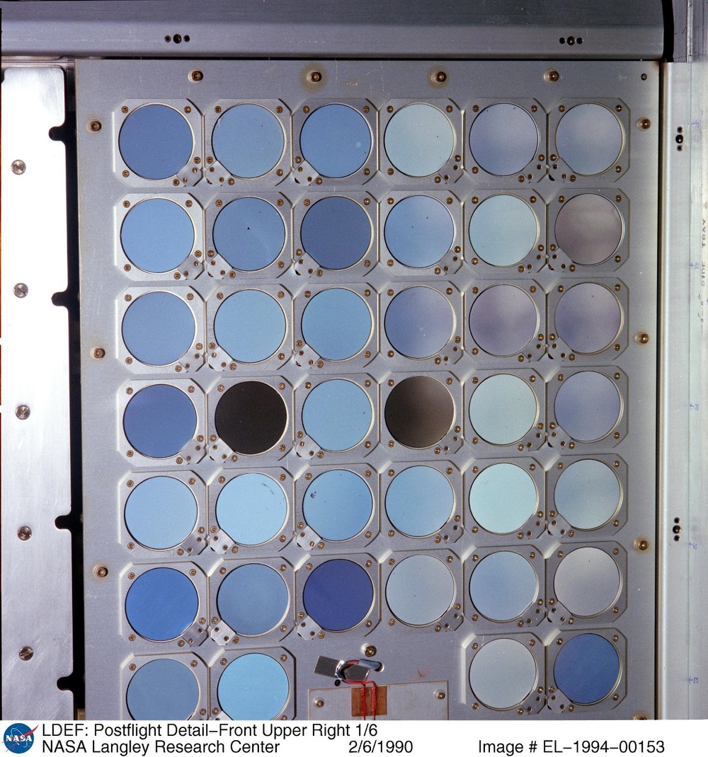 LDEF: Postflight Detail-Front Upper Right 1/6