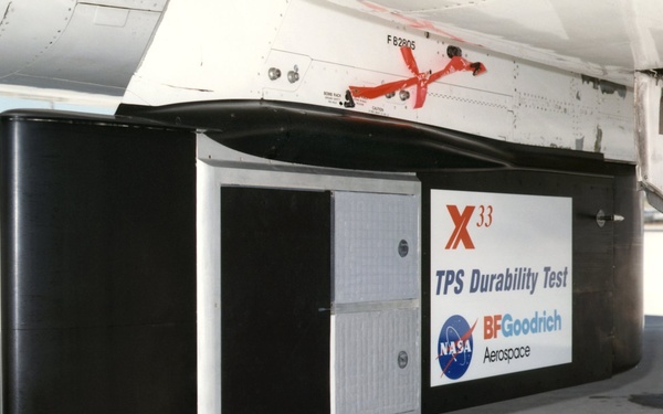 Closeup of F-15B Flight Test Fixture (FTF) with X-33 Thermal Protection Systems (TPS)