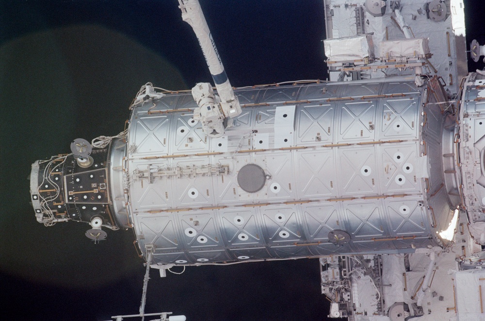 View of the nadir side of the Node 1, PMA2 and U.S. Laboratory taken during STS-110