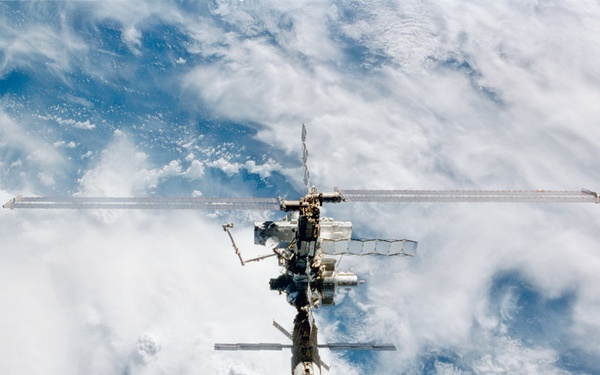 Zenith view of the ISS taken during STS-110's undocking and final flyaround