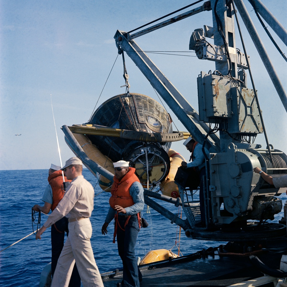 Gemini 8 spacecraft hoisted aboard the U.S.S. Leonard F. Mason