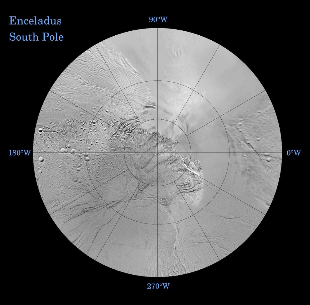Enceladus: North and South (Southern Polar Projection)