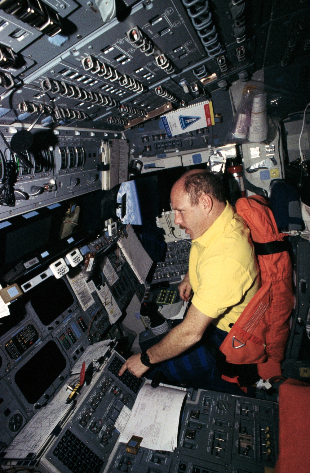 Astronaut Kenneth Bowersox at pilot's station in Endeavour during STS-61