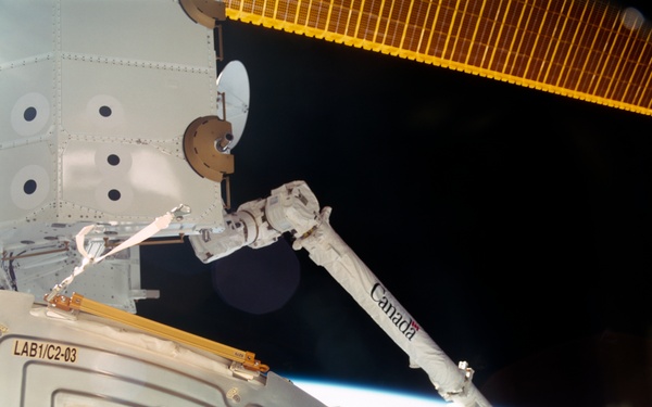 View of the SSRMS grappling the SLP during the STS-100 mission