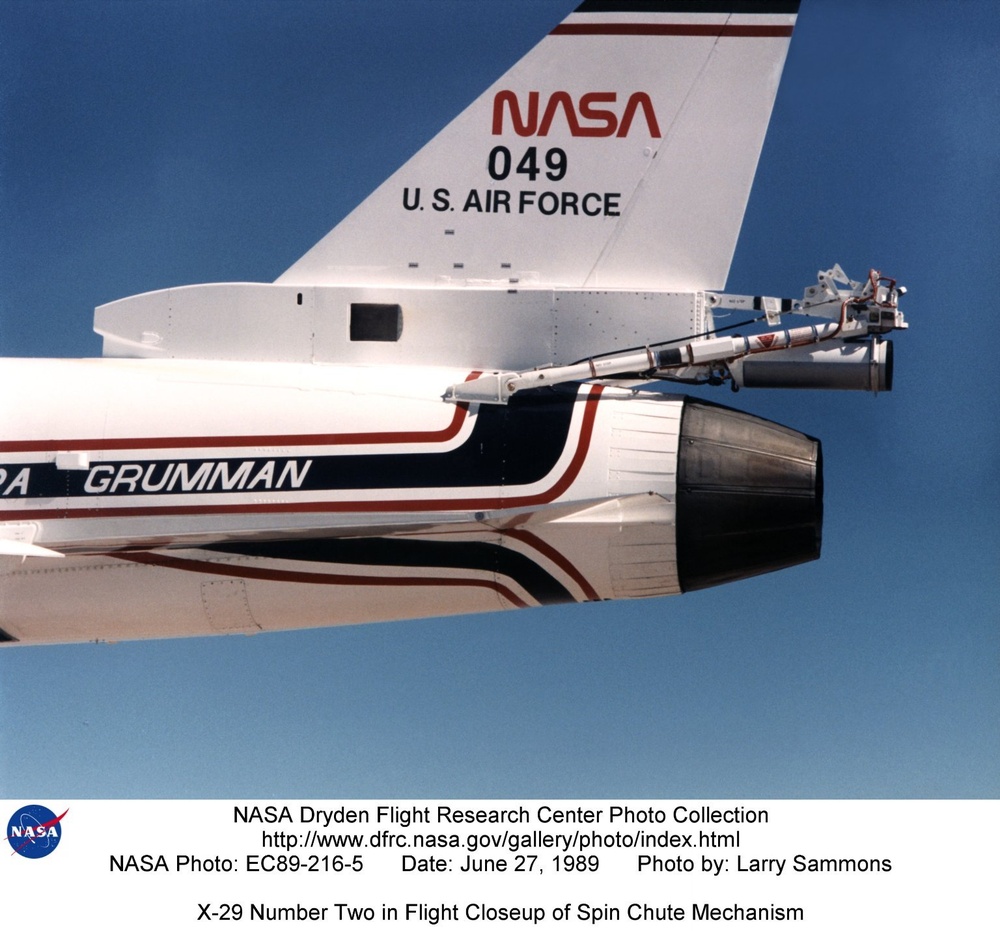 X-29 Number Two in Flight Closeup of Spin Chute Mechanism
