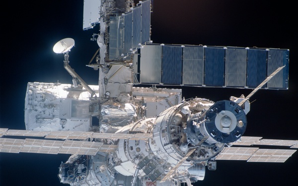 View of the aft - nadir side of the ISS taken during STS-110's flyaround