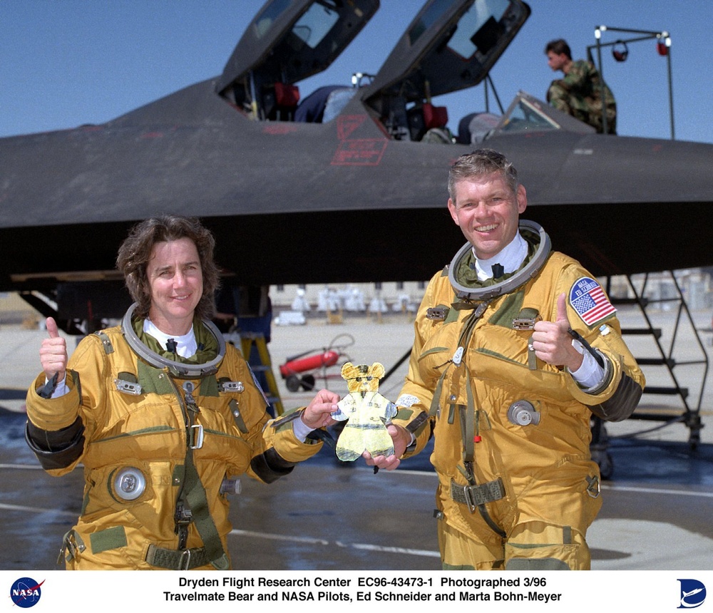 Travelmate Bear with SR-71 Researcher Marta Bohn-Meyer and Pilot Ed Schneider
