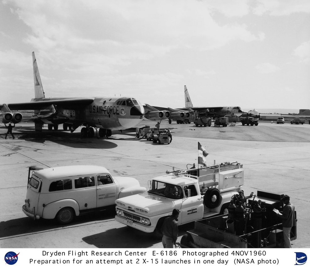 X-15 mounted to B-52 mothership pylon - preparation for an attempt at two X-15 launches in one day
