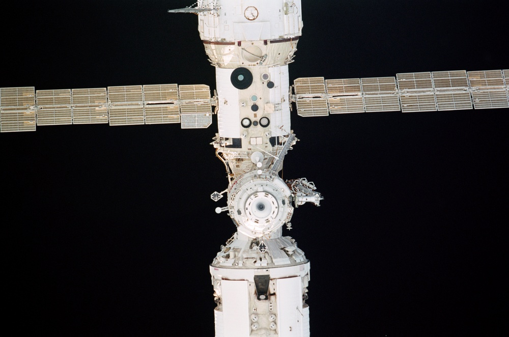 View of the Pirs, Service Module and FGB taken during STS-108