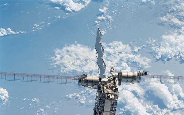 View of the aft - zenith side of the ISS taken during STS-110's flyaround